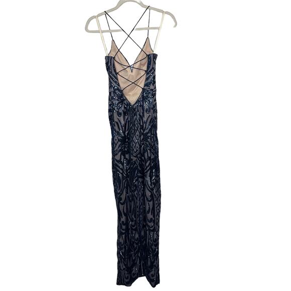 LULUS NWOT Ruby Navy Blue Sequin Lace-Up Maxi Ball Gown Slit Open Back Dress XS - Picture 6 of 11